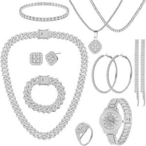 Silver & CZ 10 PC Jewelry Set – Necklaces, Bracelets, Earrings, Ring & Watch